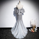 Mermaid Short Sleeves Silver Sequin Prom Dresses HZ1023