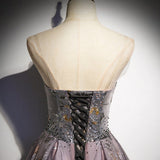 A line Short Sleeves Long Tulle Prom Dresses HZ1023