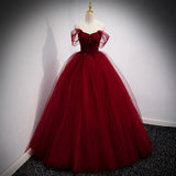 Ball Gown Burgundy Tulle Long Prom Dresses HZ1023
