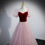 Princess Pink Short Sleeves Tulle Prom Dresses Sexy Evening Dress HZ1023