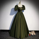 Ball Gown Puffy Sleeves Dark Green Long Prom Dresses HZ1023