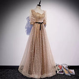 A line Short Sleeves Gold Prom Dresses Sexy Evening Dress HZ1023