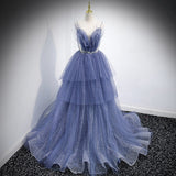 A Line Tulle Prom Dresses Straps Blue Evening Dress HZ1023