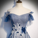 A line Off The Shoulder Tulle Blue Prom Dresses HZ1023