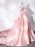 Elegant Pink A Line Strapless Appliques Satin Evening Dress Prom Dress HZ1023