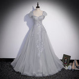 A Line Silver Gray Tulle Prom Dresses Long Prom Dress HZ1023