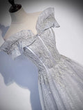 A line Off the Shoulder Silver Sequin Long Prom Dresses HZ1023