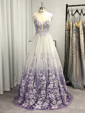 A-Line/Princess V-neck Tulle Applique Sleeveless Floor-Length Prom Dresses HZ1023