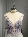 A-Line/Princess V-neck Tulle Applique Sleeveless Floor-Length Prom Dresses HZ1023