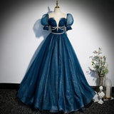 Princess Tulle Blue Short Sleeves Long Prom Dresses HZ1023