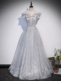 A line Off the Shoulder Silver Sequin Long Prom Dresses HZ1023