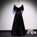A line Short Sleeves Black Prom Dresses Sexy Evening Dress HZ1023