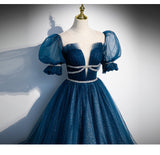 Princess Tulle Blue Short Sleeves Long Prom Dresses HZ1023