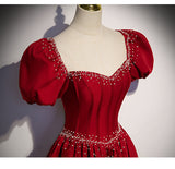 Princess Satin Short Sleeves Long Red Prom Dresses HZ1023