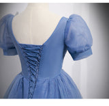 Ball Gown Short Sleeves Long Tulle Blue Prom Dresses HZ1023