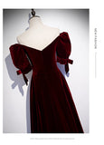 Princess Velvet Short Sleeves Long Red Prom Dresses HZ1023