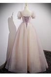 Ball Gown Short Sleeves Long Tulle Pink Prom Dresses HZ1023