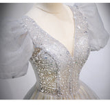 Princess Tulle Short Sleeves Long Prom Dresses HZ1023