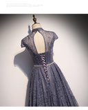 Princess High Neckline Short Sleeves Long Prom Dresses HZ1023