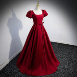 A line Red Short Sleeves Long Prom Dresses HZ1023