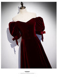 Princess Velvet Short Sleeves Long Red Prom Dresses HZ1023