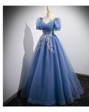 Ball Gown Short Sleeves Long Tulle Blue Prom Dresses HZ1023