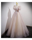 Ball Gown Short Sleeves Long Tulle Pink Prom Dresses HZ1023