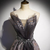 A line Short Sleeves Long Tulle Prom Dresses HZ1023