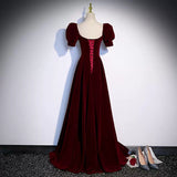 A line Short Sleeves Burgundy Velvet Long Prom Dresses HZ1023