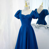 A line Royal Blue Satin Prom Dresses HZ1023