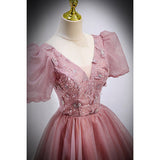 A Line Tulle Prom Dresses Short Sleeves Pink Prom Dress HZ1023