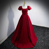A line Red Short Sleeves Long Prom Dresses HZ1023