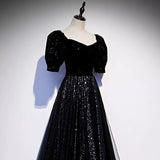 A line Short Sleeves Black Prom Dresses Sexy Evening Dress HZ1023