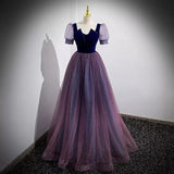 Ball Gown Short Sleeves Long Tulle Prom Dresses HZ1023