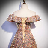 A line Off the Shoulder Pink Sequin Long Prom Dresses HZ1023