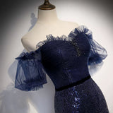 Mermaid Navy Blue Sequin Prom Dresses Sexy Evening Dress HZ1023