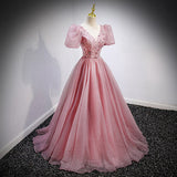 A Line Tulle Prom Dresses Short Sleeves Pink Prom Dress HZ1023