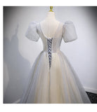 Princess Tulle Short Sleeves Long Prom Dresses HZ1023