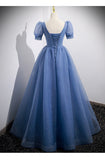 Ball Gown Short Sleeves Long Tulle Blue Prom Dresses HZ1023