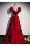 Princess Satin Short Sleeves Long Red Prom Dresses HZ1023