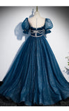 Princess Tulle Blue Short Sleeves Long Prom Dresses HZ1023