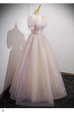 Ball Gown Short Sleeves Long Tulle Pink Prom Dresses HZ1023