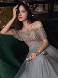 Beautiful Beaded Off Shoulder Tulle Prom Dress, A-line Grey Evening Dress Party Dress HZ1023