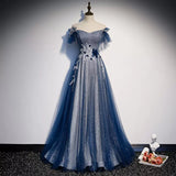 A line Off The Shoulder Tulle Blue Prom Dresses HZ1023