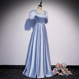 A line Short Sleeves Light Sky Blue Prom Dresses HZ1023