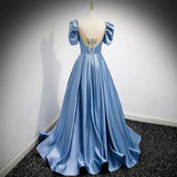 Simple A line Satin Light Sky Blue Long Prom Dresses HZ1023