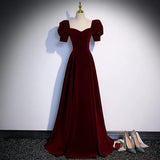 A line Short Sleeves Burgundy Velvet Long Prom Dresses HZ1023