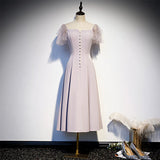 A line Short Sleeves Pink Prom Dresses Knee Length Bridesmaid Dress HZ1023