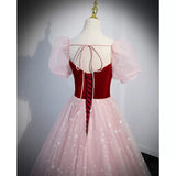 Princess Pink Short Sleeves Tulle Prom Dresses Sexy Evening Dress HZ1023