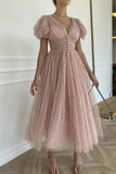 Shiny Sequins V Neck Pink Tea Length Prom Dress, V Neck Pink Homecoming Dress, Pink Formal Evening Dress HZ1023